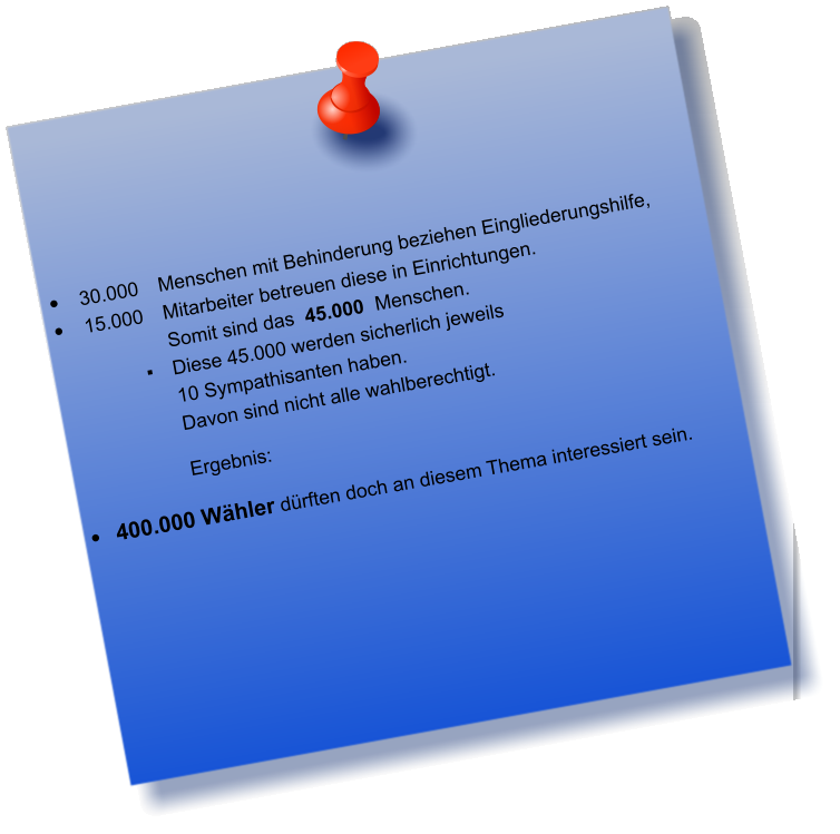 	 30.000 	Menschen mit Behinderung beziehen Eingliederungshilfe, 	 15.000 	Mitarbeiter betreuen diese in Einrichtungen. Somit sind das  45.000 	Menschen.  ▪	Diese 45.000 werden sicherlich jeweils  10 Sympathisanten haben.  Davon sind nicht alle wahlberechtigt. Ergebnis: 	400.000 Whler drften doch an diesem Thema interessiert sein.